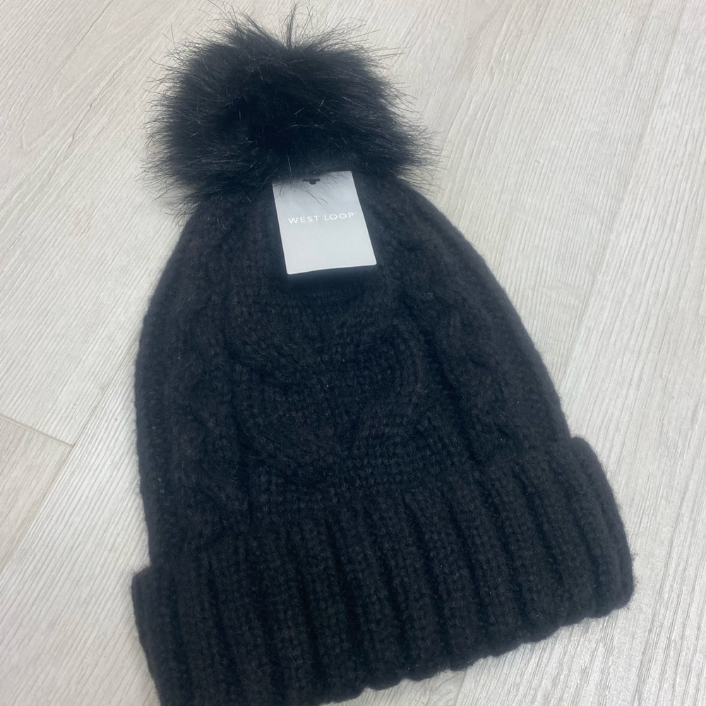 West Loop Black Knit Hat with Pom